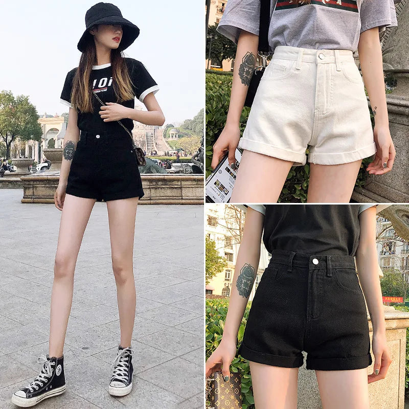 High-Waist Cuffed Denim Shorts Women Summer Korean Style Studen...