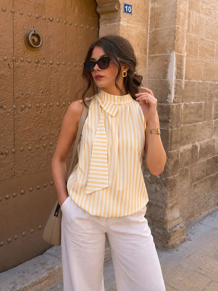 HH Women Summer Spring Preppy Fresh Yellow White Stripe Halter Blouse Spring Ruffle Neck Self Tie Sash Bubble Hem Loose Tank
