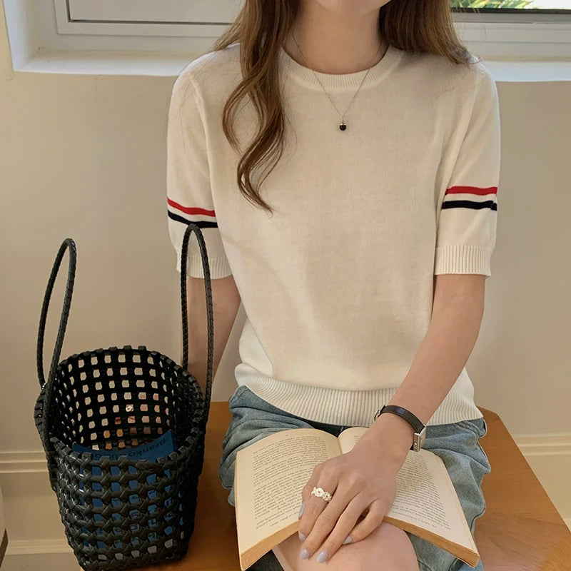 Summer 100% cotton women's T-shirt casual striped knit pullover...