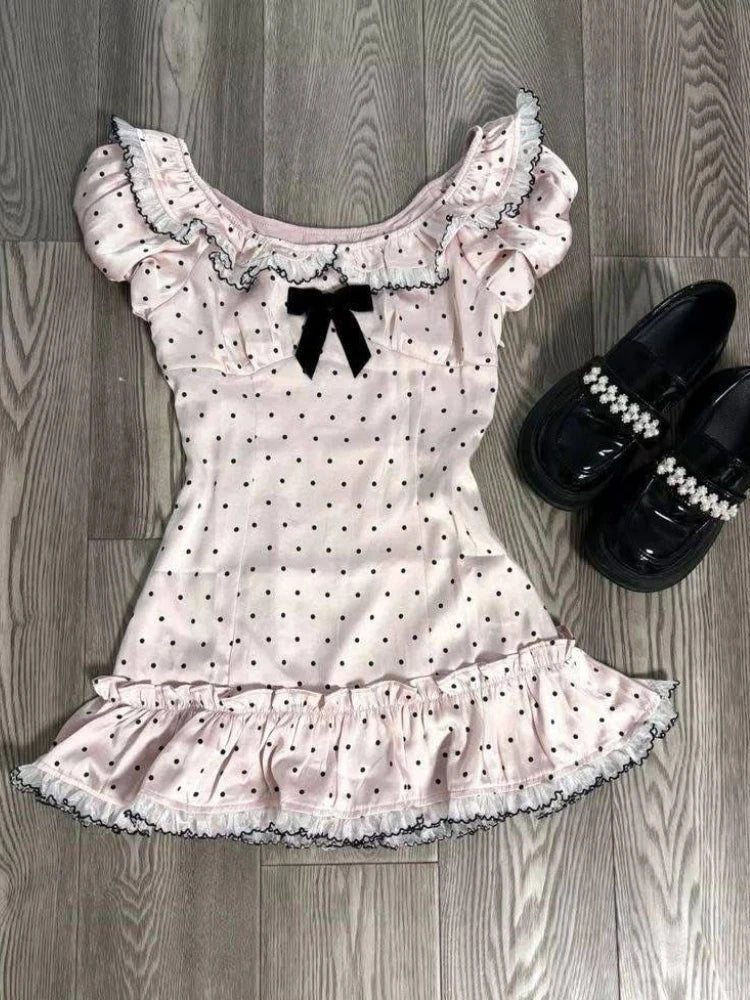 Women Summer Korean Fashion Sweet Bow Tops Vintage Cute Y2K Polka Dot Print Slim Fit Japan Lace Shirt Short Sleeve 2000s Clothes